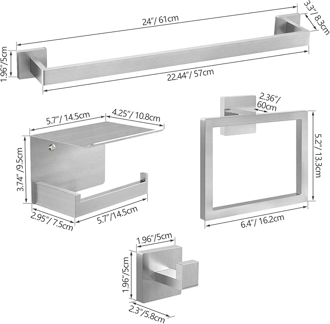 20-Pieces Brushed Nickel Bathroom Hardware Set, 24 Inch Bath Towel Bar Set, Stainless Steel Towel Racks for Bathroom Wall Mounted