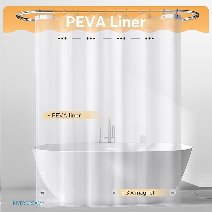 River Dream 3 in 1 Shower Curtain Set, Waffle Fabric Shower Curtain and Waterproof Clear Liner Set with Double Sided Metal Hooks, Black, 72" W*72" H