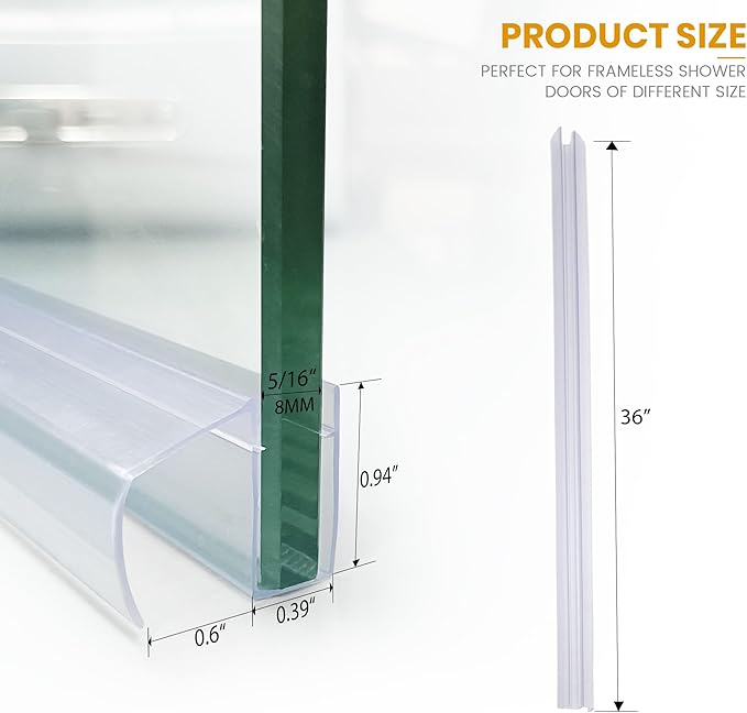 Bathroom Shower Glass Door Bottom Seal Strip, 2PCS 36 Inch Long Clear PVC Seal Strips for 5/16"(8mm) Thick Framless Glass Door Panel