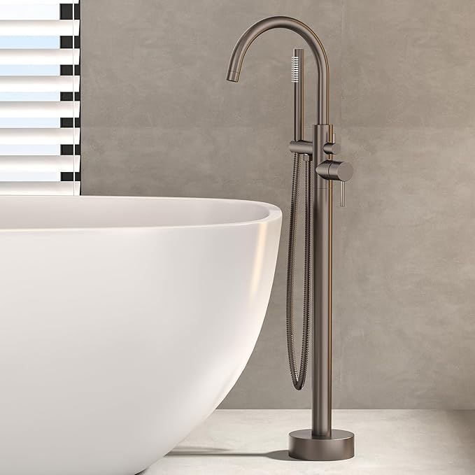 Freestanding Bathtub FaucetFloor Mount Bathtub Filler Shower Mixer Faucet with Handheld Shower Sprayer Swivel, Side Inlet，Grey