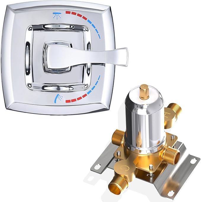 2 Way Shower Diverter Valve, All Metal Single-Handle Trim Kit Pressure Balance Shower Control Brass Rough-In Mixing Valve 1/2" NPT Connection, Polished Chrome