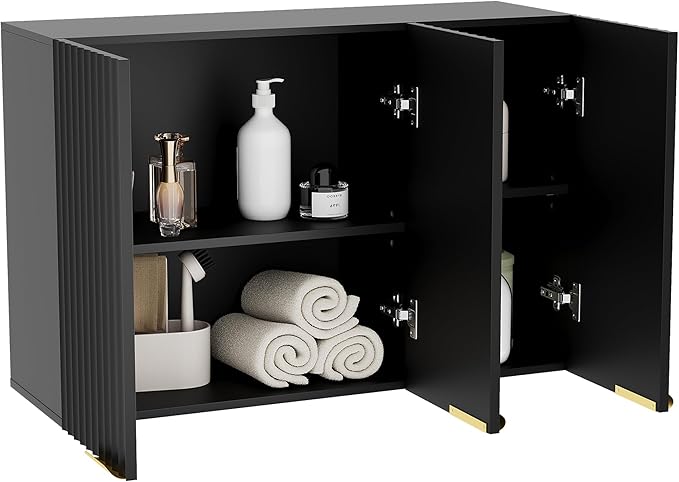 ChooChoo 3 Doors Wall Cabinet Laundry Room, Bathroom Wall Cabinet with Adjustable Shelf, Fluted Wall-Mounted Medicine Cabinet, Storage Cabinet for Kitchen, Garage, Black