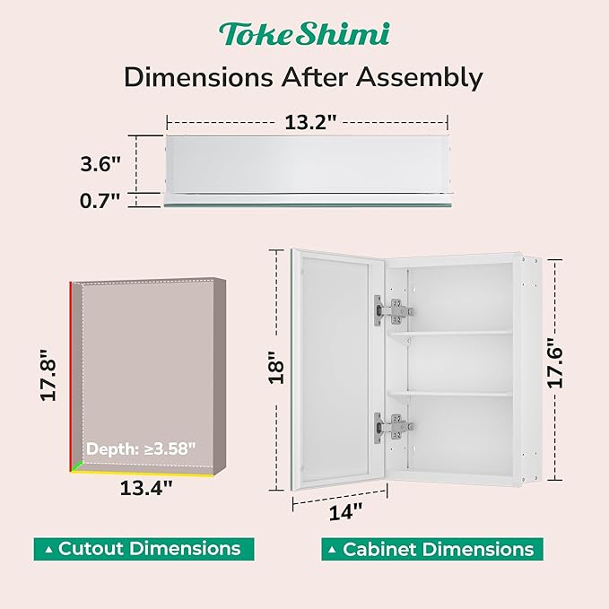 TokeShimi 14x18 Bathroom Medicine Cabinet, Tempered Mirror with Adjustable Storage Frameless White Farmhouse Medicine Cabinet Recessed
