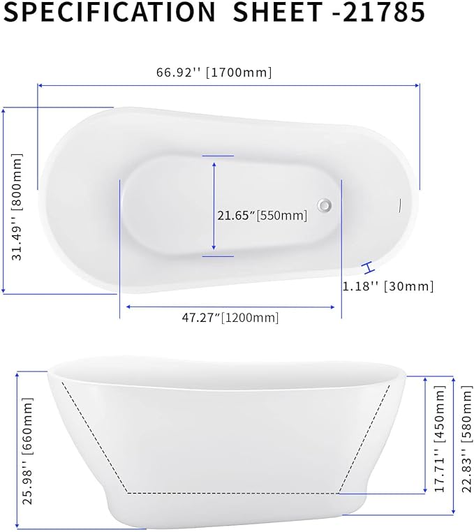 67" Acrylic Freestanding Bathtub, Elegant Skirted Free Standing Tub, Soaking Tub with Integrated Slotted Overflow, Toe-Tap Chrome Drain, cUPC Certified, Glossy White