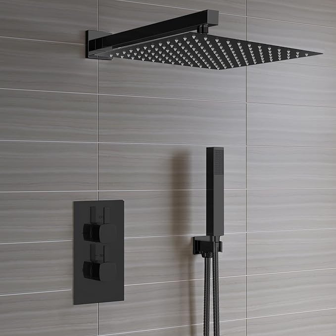 Voolan 16" Square Shower Arm with Flange and Teflon Tape, Extension Shower Head Arm for Bathroom Fixed Shower Head, Solid Stainless Steel, Wall Mounted (Matte Black)