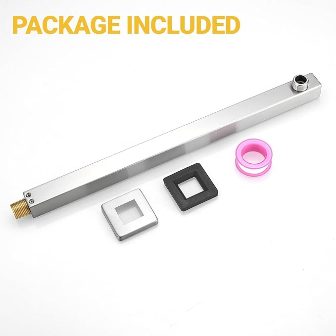 BESy 16 Inches Straight Extended Shower Arm With Flange, Rain Shower Head Extension Arms, Square Shower Rod Shower Head Extender Arm Shower Pipe Extension, Wall-Mounted Brushed Nickel Stainless Steel