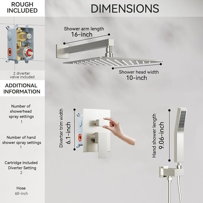 Shower Faucet Set Brushed Nickel Shower System, Starbath 10 Inch Rain Shower Head and Handheld Spray Shower Set Complete Wall Mounted,2 Way Pressure Balance Shower Valve and Trim Kit Included