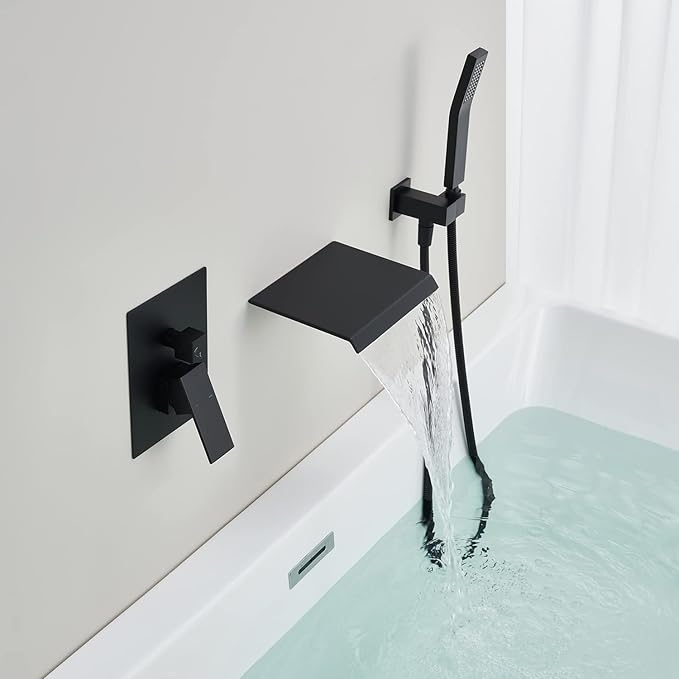 Wall Mount Tub Filler Waterfall Tub Faucet Black Bathtub Faucet Brass Single Handle Bathroom Faucet with Hand Shower