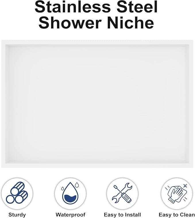 Achelous Stainless Steel Insert Shower Niche 18" X 12" NO Tile Needed, Recessed Shower Shelf Organizer, Matte White