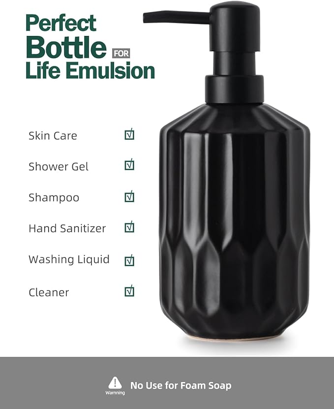 Fun Elements Bathroom Soap Dispenser, 16 Oz Luxurious Hand soap Dispenser for Bathroom, Ceramic Liquid Soap Dispenser for Bathroom Countertop with Plastic Pump, Silicone Funnel（Black Bottle）