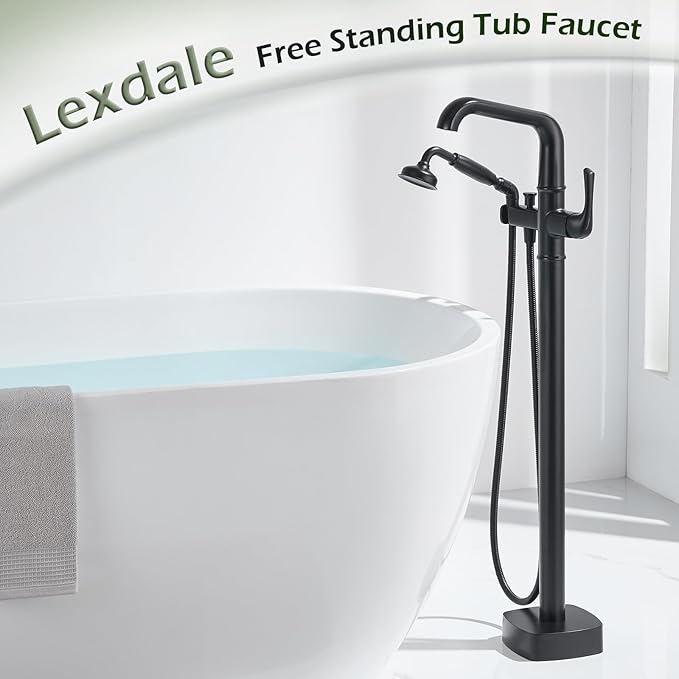 Luxury Free Standing Tub Faucet, Classic Brass Freestanding Bathtub Faucet, Lexdale Bathroom Floor Mount Tub Filler with handheld Sprayer Supply Lines Included Matte Black (LD8911-BK)