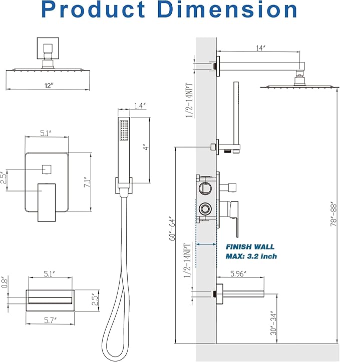Tub Shower System, All Metal Tub Shower Faucet Set with 12" Rain Shower Head and Handheld Spray combo, Wall Mounted Shower Systems with Tub Spout, Valve and Trim Kit, Brushed Nickel