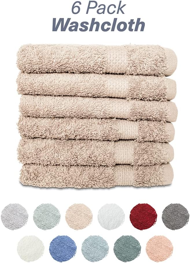 Hencely Premium 6-Pack Washcloths 12x12 Inches Soft Turkish Cotton High Absorbent and Quick Dry Dishtowel for Kitchen and Bath (Wash Cloth 6 Pack, Beige)
