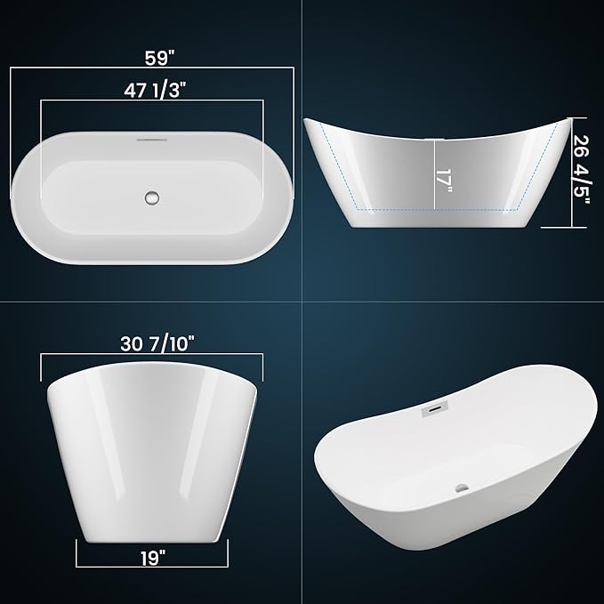 Freestanding Bathtubs 59 Inch Acrylic Soaking Tub, Oval White Stand Alone Bathtub with Chrome Drain and Overflow, Modern Freestanding Tub for Home Spa or Bathroom Remodel