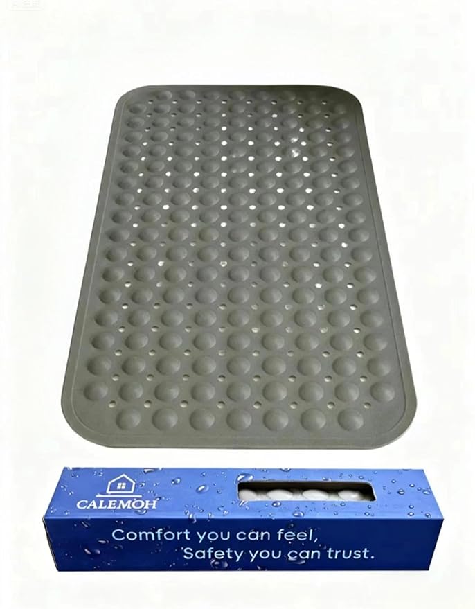 Bath and Shower Safety Mats 27.5x15 inch, Non Slip with Strong Suction Cups for Bathroom Stall and Tub Floor, Extra Large and Machine Washable, Drain Holes Keep Bathtub Clean, Soft on Feet, Light Grey