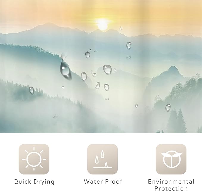 Riyidecor Extra Long Mountain Shower Curtain 72Wx78H Inch Green Yellow Sunset Sunrise Misty Scenery Landscape Nature Woodland Greenery View Bathroom Decor Fabric Polyester Waterproof 12 Pack Hooks