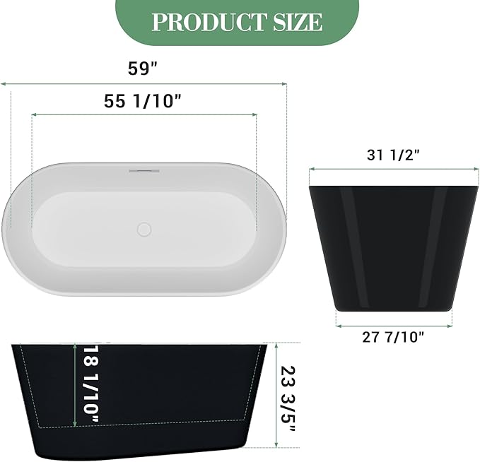 59" Acrylic Soaking Bathtub, Deep Modern Tub with Non-Slip Base, CUPC Certified, Space-Saving Bath with Chrome Drain and Overflow, Easy Install for Small Bathrooms, Black