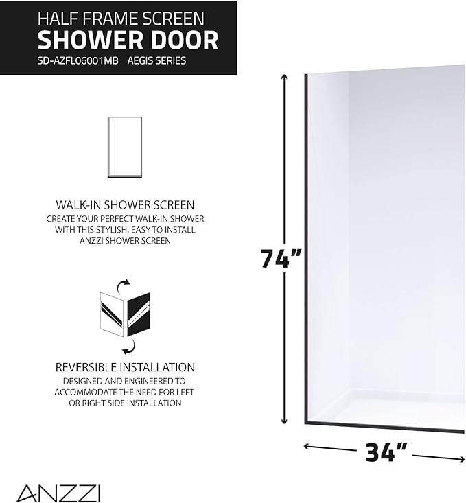 ANZZI 74 X 34 Inch Frameless Fixed Glass Shower Screen Shower Door in Matte Black | Screen Water Repellent Clear Tempered Glass Single Panel for Shower Room | Glass Screen Frame Hardware Complete Kit