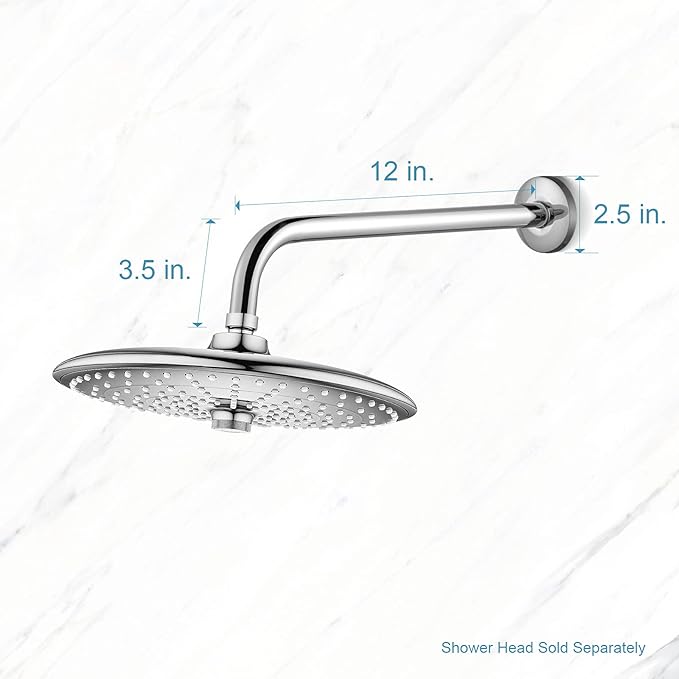 OFFO Shower Arm with Flange, 12 in Wall Mount Replacement Angle Shower Head Arm Wall-Mounted For Fixed Shower Head & Handheld Showerhead, Chrome