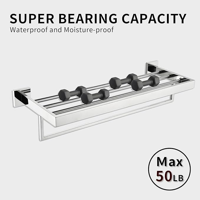 24 Inch Towel Racks for Bathroom - Wall Mounted Bright Polished Finish, Stainless Steel Single Towel Bar with Shelf, Hotel-Style Bathroom Towel Storage Organizer for Home Lavatory