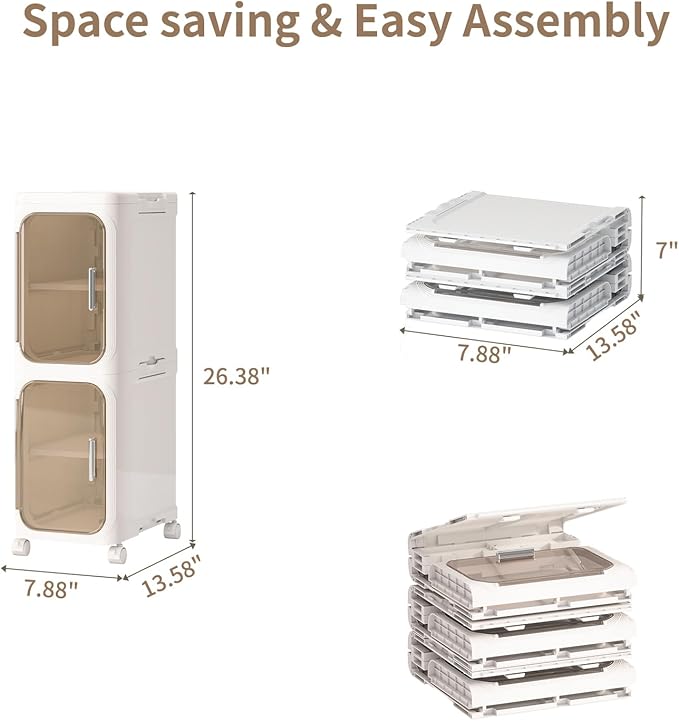 KHNR 2-Tiers Slim Bathroom Storage Cabinet, Foldable Storage Cabinets,Narrow Bathroom Storage,Movable Bathroom Storage Organizer for Small Spaces,Bathroom,Kitchen,Laundry,Cream White