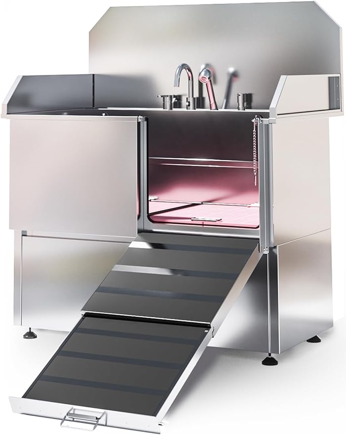 Dog Washing Station – 50 inch Professional 304 Stainless Steel Grooming Tub w/Ramp, Drawer, Faucet & Floor Grate, Dog Bathing Station for Large, Medium & Small Pets, 19" Leak-Proof Deep Soak