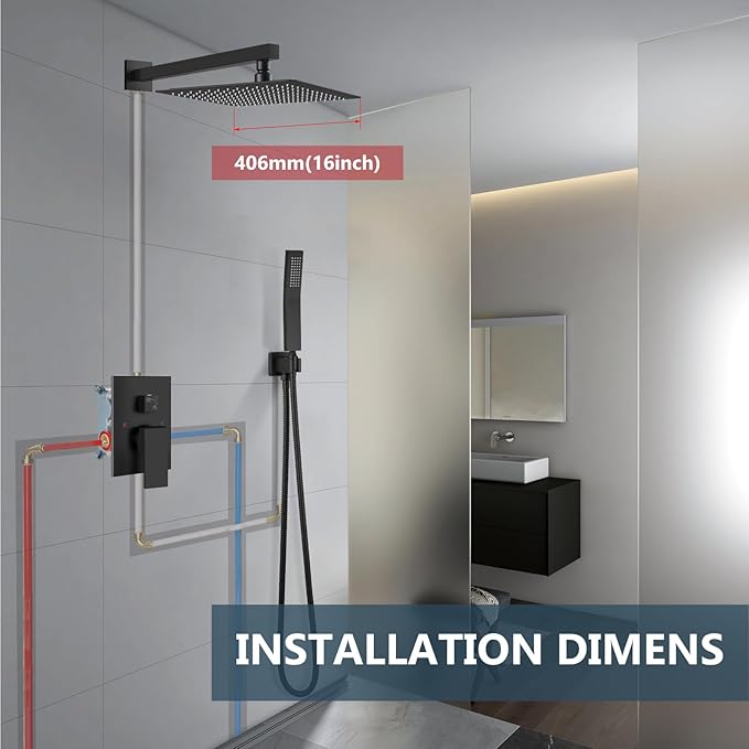 Aolemi Shower Faucet Set Rain Shower System with Handheld Spray Bathroom Shower Combo Rough-in Valve and Shower Trim Kit Included Matte Black 16 Inch Wall Mount Shower Head