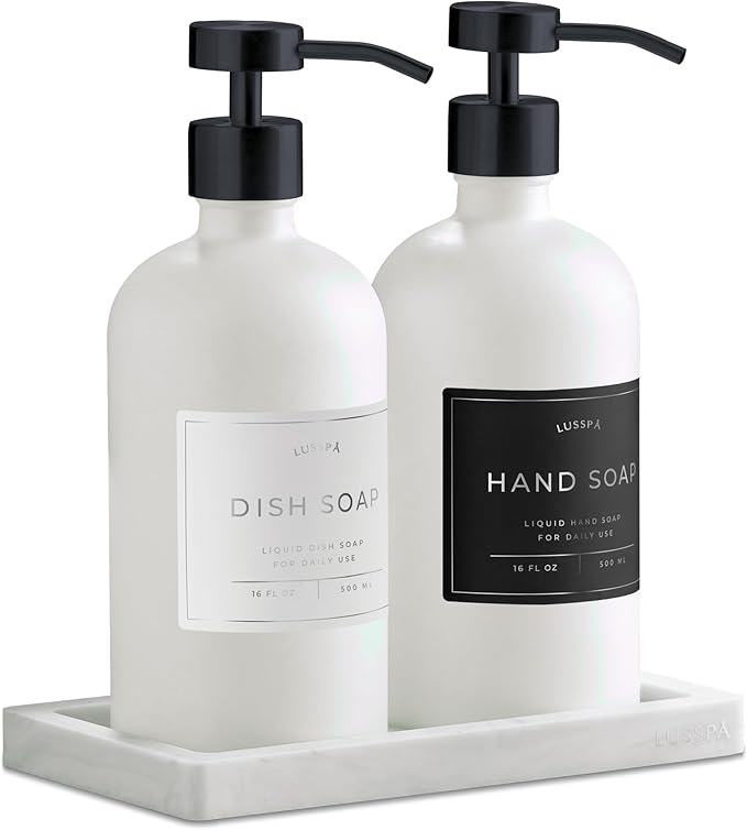 Lotion, Hand & Dish Soap Dispenser for Kitchen Sink - Bathroom Soap Dispenser Set of 2 16.8 Oz Glass Bottles with Stainless Steel Pump, 15 Water Proof Labels & Silicon Tray (White/Black)