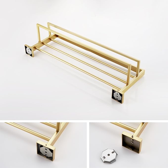 KOKOSIRI Towel Shelf Holder 20'' Bathroom Towel Rack with Two Bath Towel Bars Rails SUS304 Stainless Steel Wall Mount, Brushed Gold B6003BG-L20
