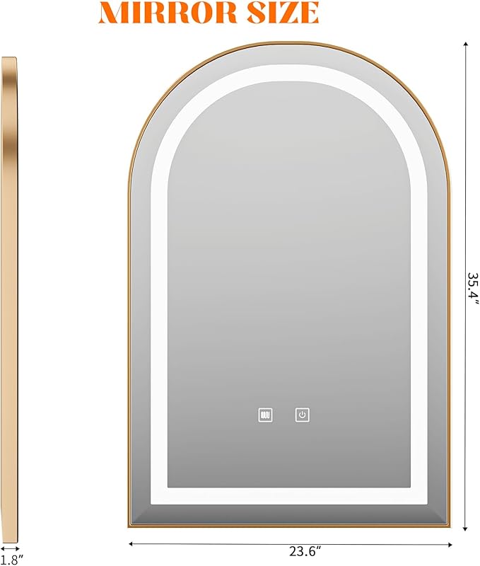 LED Bathroom Mirrors with Lights,24"x36"Black Arched Mirror for Bathroom,Fogless,3 Colors Dimmable,Anti-Fog,Wall Mounted Lighted Vanity Mirror,Gold
