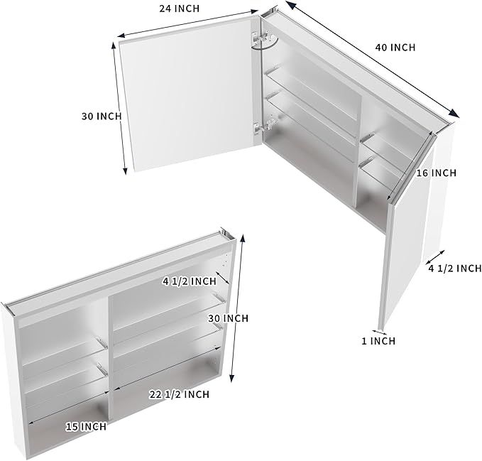 GroGro LED Lighted Bathroom Medicine Cabinet with Mirror,40" W x 30" H Medicine Cabinet with Lights,Surface or Recessed Mounting,Defog,Dimming,3-Color Temperature Adjustment