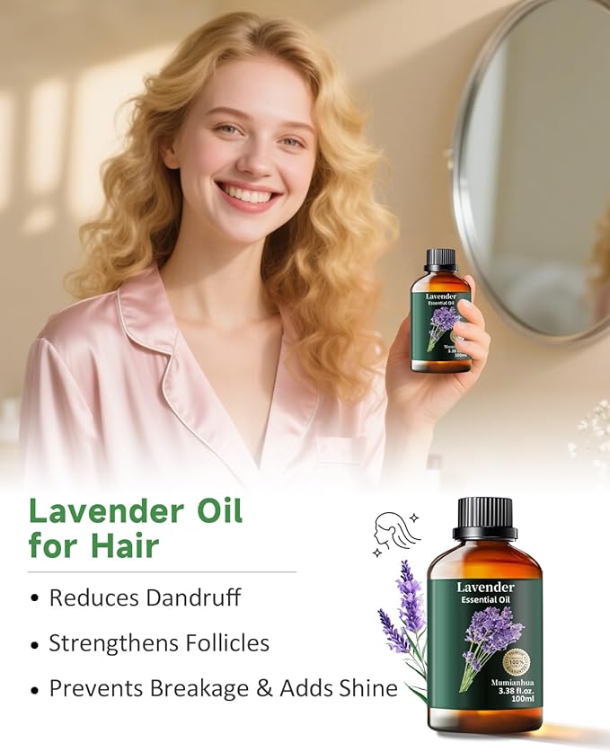 Pure Lavender Essential Oil, Mumianhua Natural Lavender Oil for Bedroom Tranquility & Outdoor Freshness, Aromatherapy for Evening Wind-Down, Laundry, Skin & Hair Care,Candle Making 3.38 Fl Oz