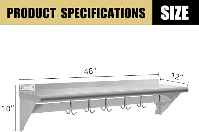 Hally Stainless Steel Shelf with 6 Hooks 12" x 48" Wall Mounted Pot Rack, NSF Commercial Floating Shelving for Storage Hanging Pots, Pans, cookware in Restaurant, Kitchen, Home and Hotel