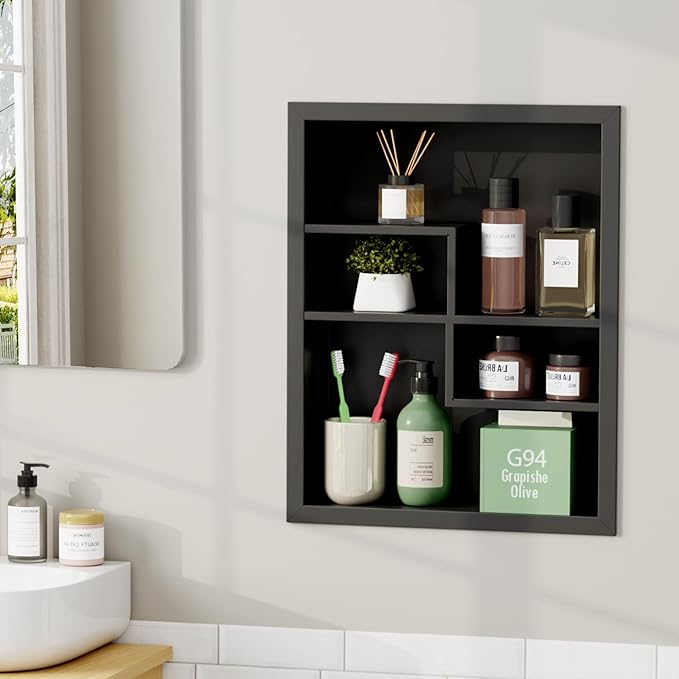 Stainless Steel Recessed Medicine Cabinet 14 * 18, Rust-proof Metal Wall Niche, In Wall Shower Niche Shelf Insert Replacement, Recessed Medicine Cabinets for Drywall, with 4 Compartments, Black