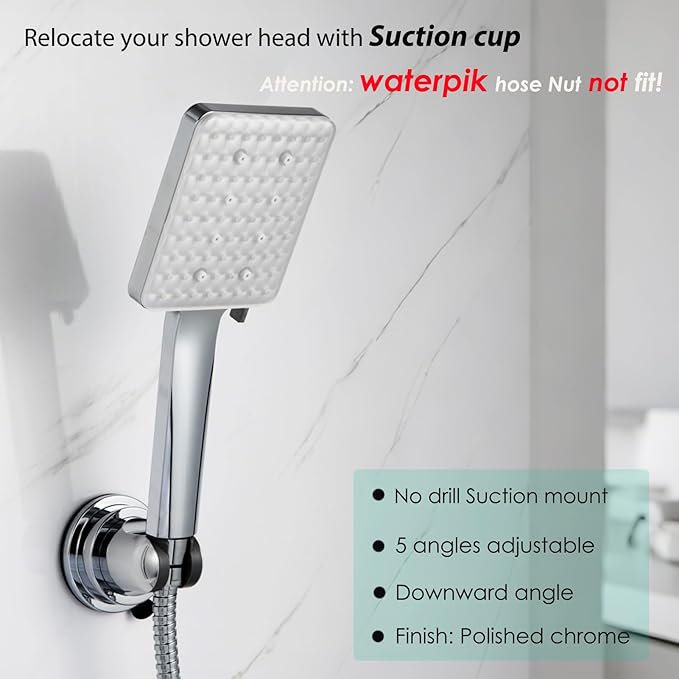Handheld Shower Head Holder with Enhanced Suction Cup - Relocatable - 4 Angles Adjustable - 90° Downward - Bathroom Wall Mount Shower Wand Holder (Polished Chrome)