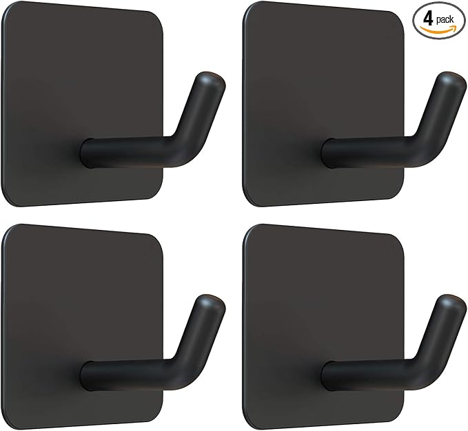 VIS'V Adhesive Hooks, Heavy Duty Shower Wall Stick on Hooks, Waterproof, 2 Extra Adhesive Strips, Black, 4 Pcs