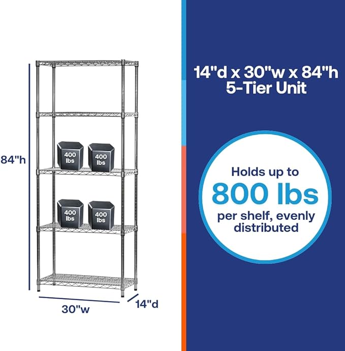Shelving Inc. 14"d x 30" w x 84" h Chrome Wire Shelving with 5 Tier Shelves, Weight Capacity 800lbs Per Shelf