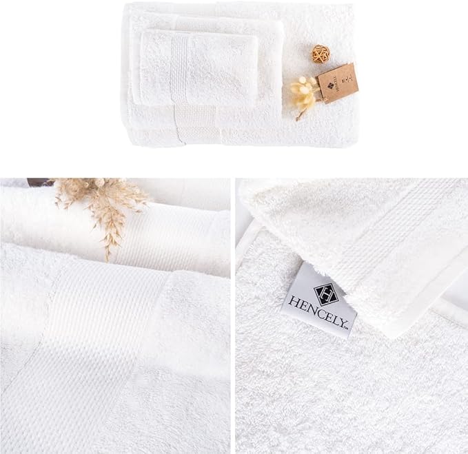 Hencely 6-Piece Bath Towel Set - High Absorbency, Quick Drying - 100% Soft Turkish Cotton - 2 Bath Towels, 2 Hand Towels, 2 Washcloths - for Bathroom, Home, Hotel, Spa, and Gym - 6-Pack White