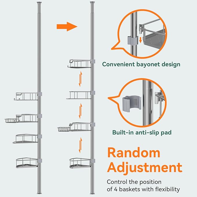 Corner Shower Caddy Tension Pole Rustproof, 4 Tier Adjustable Shower Organizer Tension Pole, 25-125 Inch Bathroom Shower Organizer for Bathtub Shampoo Storage, Silver