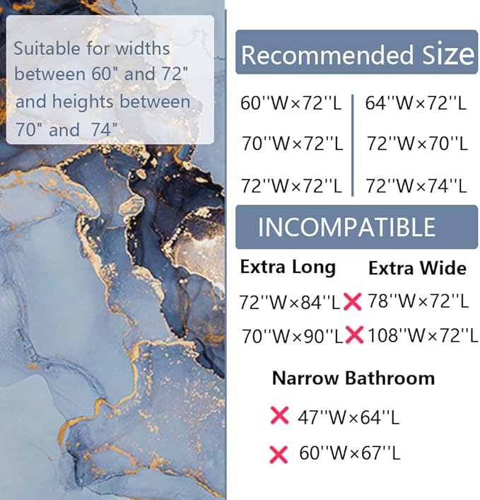 Domoku Blue Marble Shower Curtain 72x72 – Blue and Gold Waterproof Fabric Shower Curtain with Hooks, Abstract Art Bathroom Decor, Machine Washable Curtain for Apartment, Guest Bath