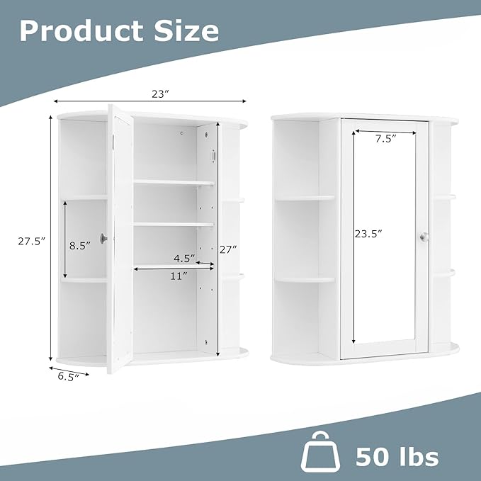 COSTWAY Wall Mounted Bathroom Cabinet, Storage Organizer with Mirror Door, 3 Adjustable Shelves & 6 Open Racks, Space-Saving Hanging Medicine Cabinet for Living Room Kitchen Entryway, White