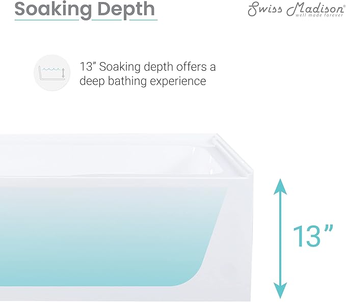 Swiss Madison Well Made Forever SM-AB540 Voltaire Alcove Tub with Armrest 60" x 30" in Glossy White