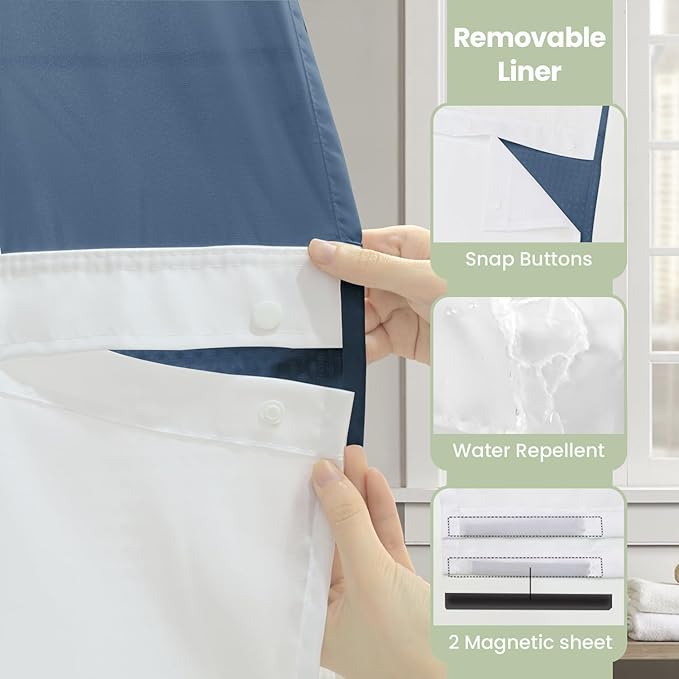 Inhousolu Long No Hook Shower Curtain with Snap in Fabric Liner Set Waffle Weave 230GSM Weighted Hem, Waterproof & Washable Bathroom Curtain Spa Luxury with Mesh Top Window 72"W x 78"L Moonlight Blue