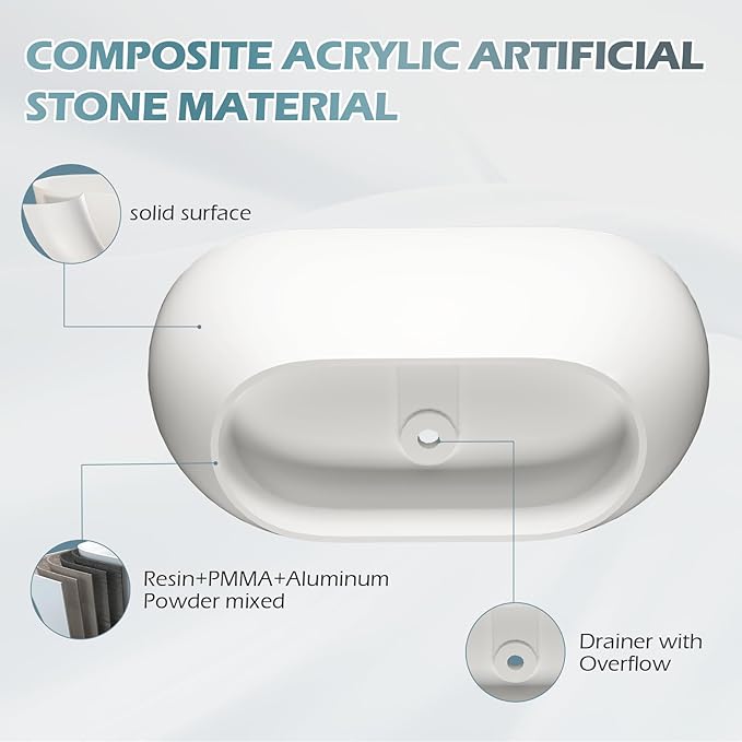 GIVINGTREE 59'' Freestanding Solid Surface Resin Stone Bathtub, Contemporary Design Stand Alone Tub with Pop-up Drain and Overflow, cUPC Certified, Matte White