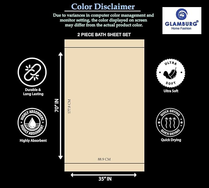 GLAMBURG Premium Cotton Oversized 2 Pack Bath Sheet 35x70-100% Pure Cotton - Ideal for Everyday use - Ultra Soft & Highly Absorbent - Machine Washable - Mustard