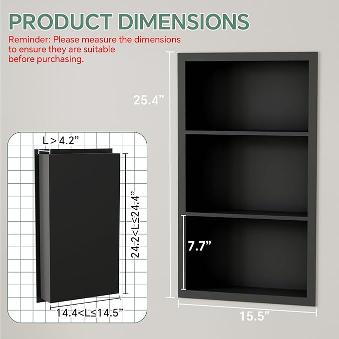 Stainless Steel Recessed Medicine Cabinet 14''*24'', Rust-Proof Metal Wall Niche, in Wall Shower Niche Shelf Insert Replacement, Recessed Medicine Cabinets for Drywall, Bathroom Storage, Black