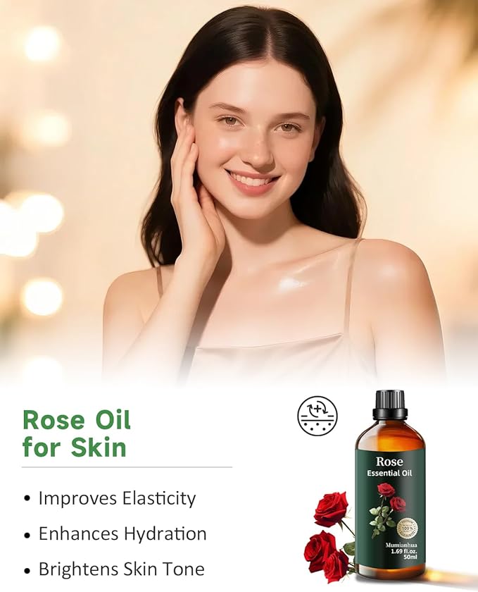 Pure Rose Essential Oil, Mumianhua Natural Rose Oil for Reed Diffuser, Air Freshener, Aromatherapy, Relaxation, Skin,Hair, Cologne, Candles Making, Evening Wellness, Romantic Atmosphere 1.69 Fl Oz