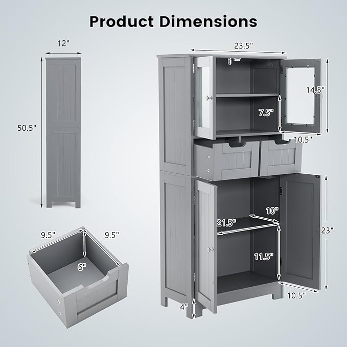 COSTWAY Bathroom Storage Cabinet, Freestanding Bathroom Organizer with Glass Doors, 2 Drawers and 2 Adjustable Shelves, Tall Linen Floor Cabinet for Bathroom, Living Room, Kitchen (Gray)