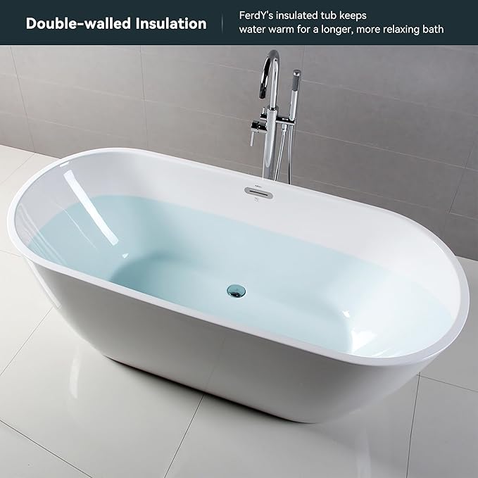 FerdY Bali 67" Acrylic Freestanding Bathtub, Ergonomic Lightweight Classic Oval Soaking Bathtub with Chrome Drain, Classic Slotted Overflow, Modern White