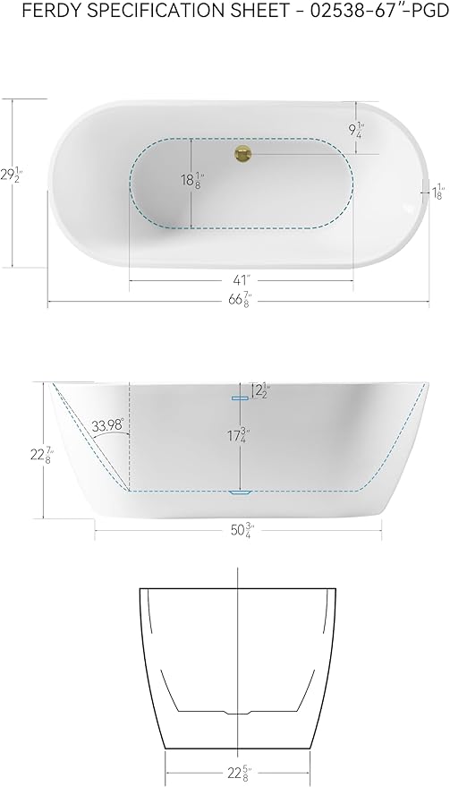 FerdY 67" Bali Acrylic Freestanding Bathtub, Gracefully Shaped Freestanding Soaking Bathtub, cUPC Certified, Toe-Tap Polished Gold Drain and Minimalist Linear Design Overflow Included